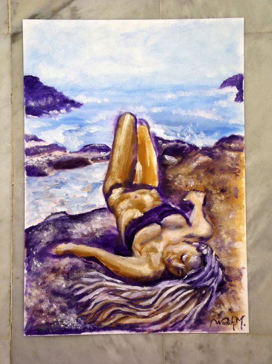 SEASIDE GIRL - SLEEPING AT THE SEASIDE - Oil painting (30x42cm)