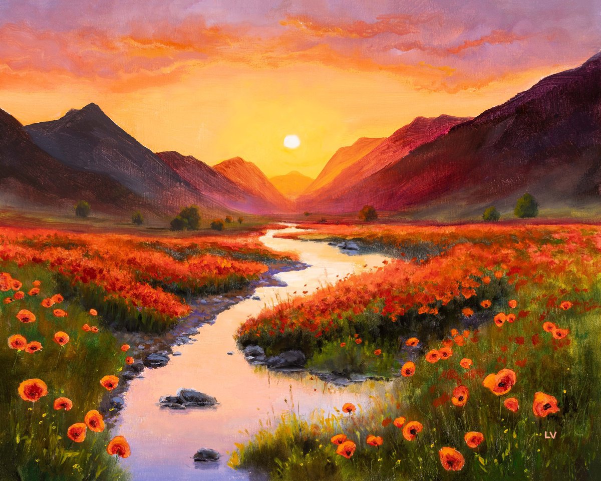 Poppies by the river at twilight by Lucia Verdejo