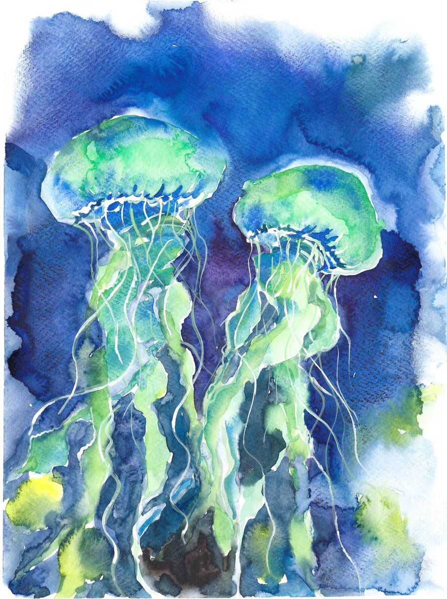 Jellyfish watercolor, Marine landscape art by Tanya Amos