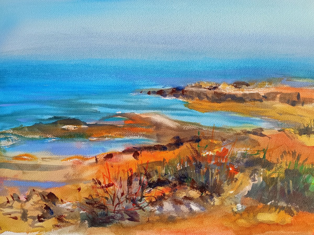 Impressionistic Landscape Watercolour By Marina Del Pozo, 20 X 14", Red Seaside, Original Artwork