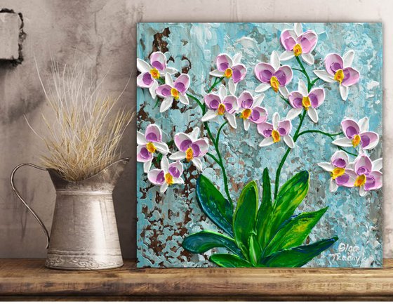 Violet Orchid - Impressionist Flower Painting, Palette Knife Art