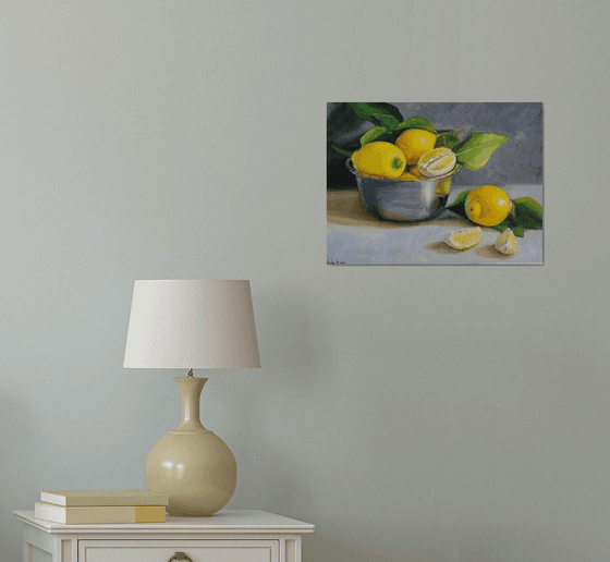 Lemon fruit slices in metal bowl oil painting still life