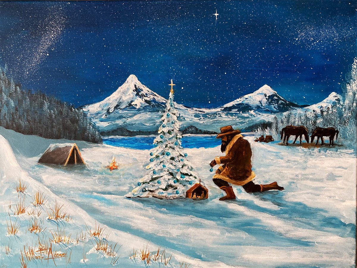 Impressionistic Landscape Acrylic Painting By William F. Adams, 24 X 18", " A Cowboy Nativity ", Original Artwork
