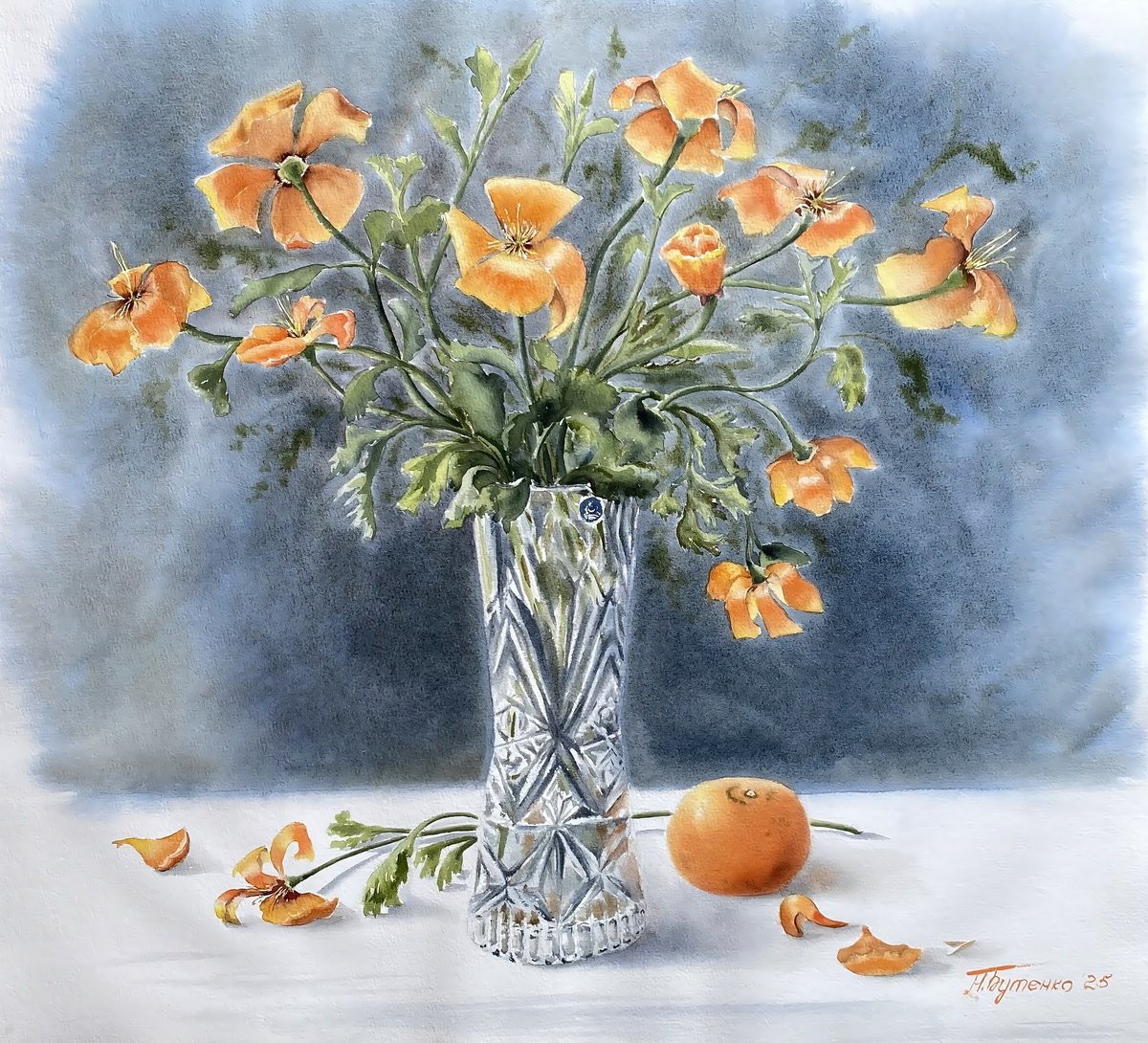 Illustrative Botanical Watercolour By Natalia Butenko, 21 X 20", Orange Mood, Original Artwork