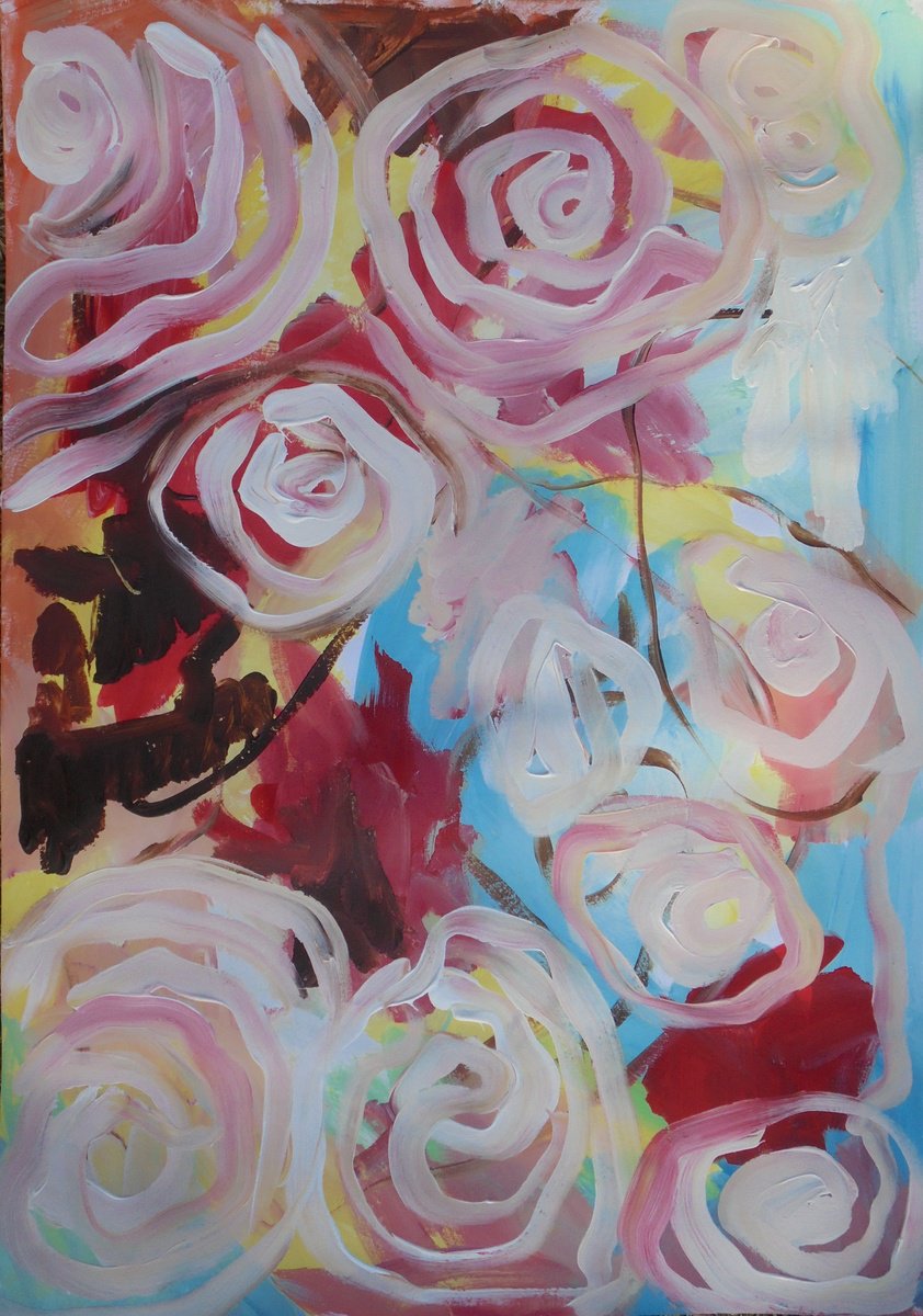 Expressive Abstract Acrylic Painting By Kirsty Wain, 17 X 23", Field Of Roses, Original Artwork