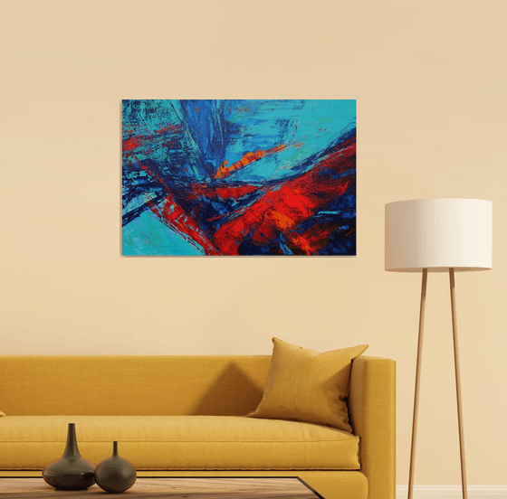 Large Abstract Blue Turquoise Red Landscape Painting. Modern Textured Art. Abstract. 61x91cm.