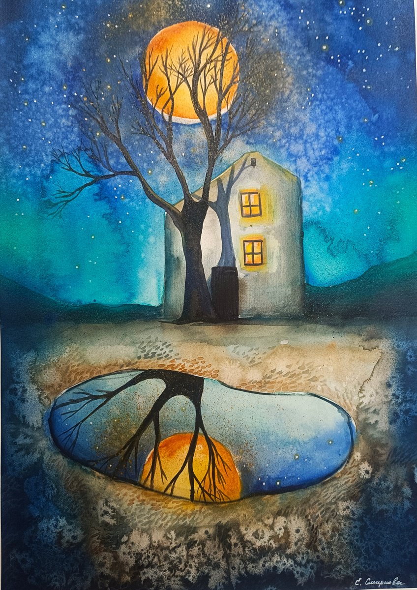 Surrealistic Landscape Painting By Evgenia Smirnova, 15 X 22, Twilight Echo, Original Artwork