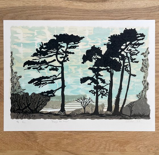 Through the trees - Tree line Linocut Print