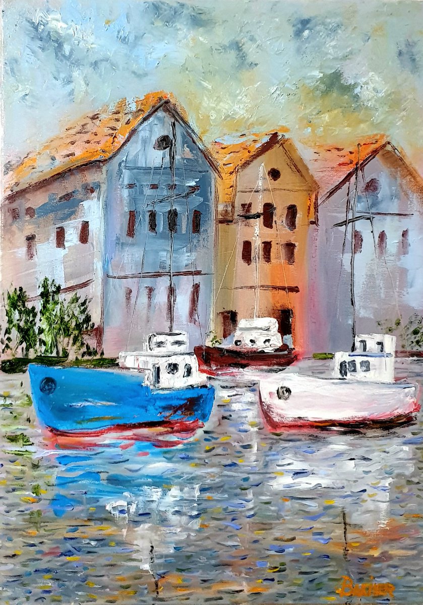 Impressionistic Cityscapes Oil Painting By Leo Baxiner, 20 X 28", Boats In Amsterdam Canal, Original Artwork