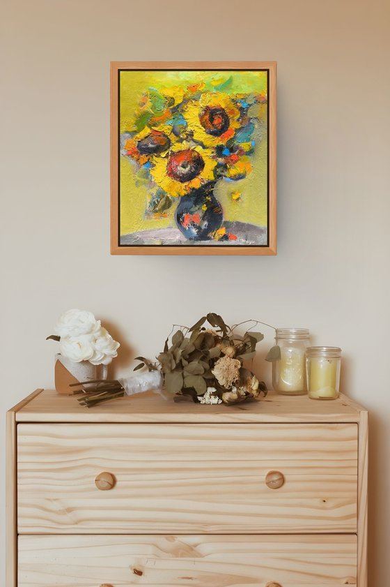 Sunflowers in a Black Vase