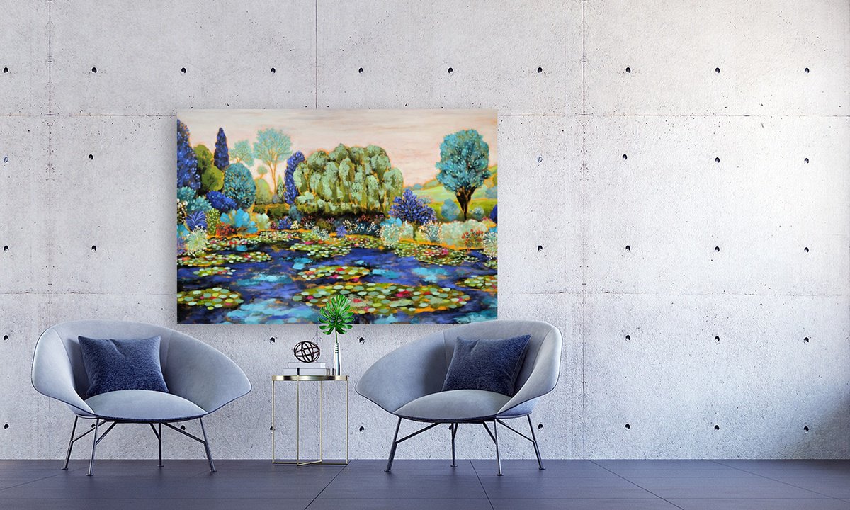 Impressionistic Landscape Acrylic Painting By Karen Rieger, 60 X 40", Blue Resonance, Original Artwork