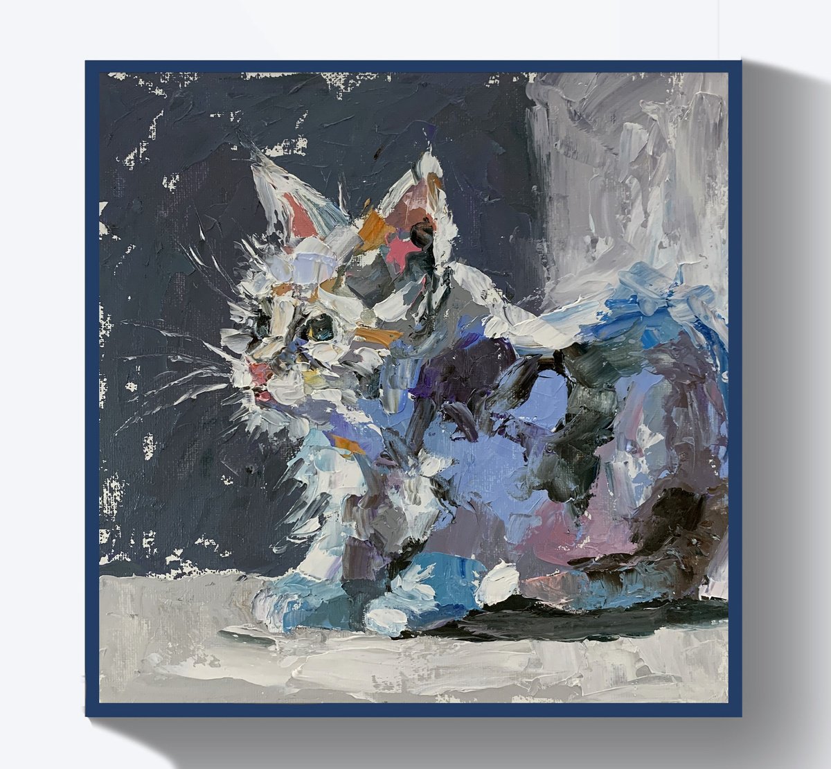 Impressionistic Animal Oil Painting By Vita Schagen, 10 X 10", White Kitten Portrait., Original Artwork