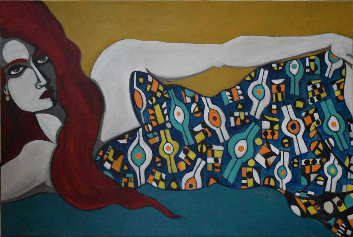 Expressive Portrait Acrylic Painting By Nagui, 36 X 24", Leaning Model 2024 B, Original Artwork