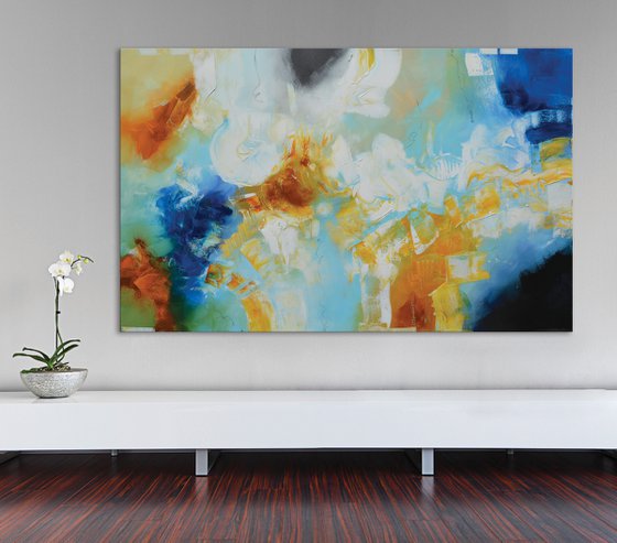 Blue abstract painting - Cool Rush - blue, yellow and white abstract painting