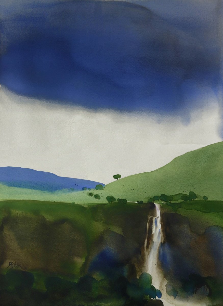 Impressionistic Landscape Watercolour By Prashant Prabhu, 18 X 24", Poignant Clouds, Water Falls, Original Artwork