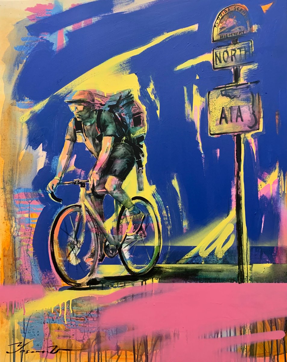 Urban And Pop Portrait Acrylic Painting By Yaroslav Yasenev, 31 X 39", Young Cyclist, Original Artwork
