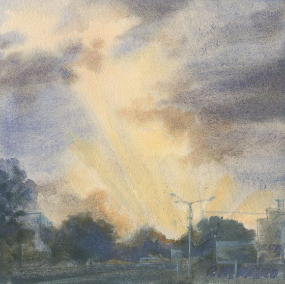 Sunset clouds over town / Evening sky Watercolor scene