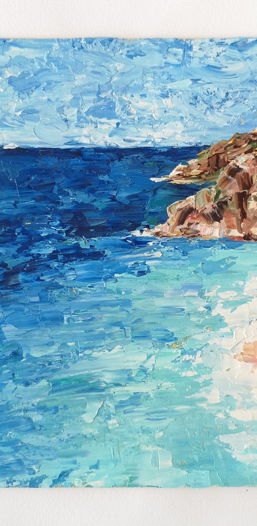 Sea oil painting, ocean and mountains, impasto landscape by Olga Grigo