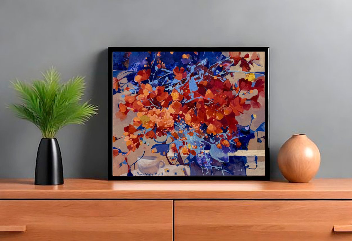 Abstract Botanical Oil Painting By Natalia Yampolskaia, 20 X 16", Splashes Of Summer Sun, Original Artwork