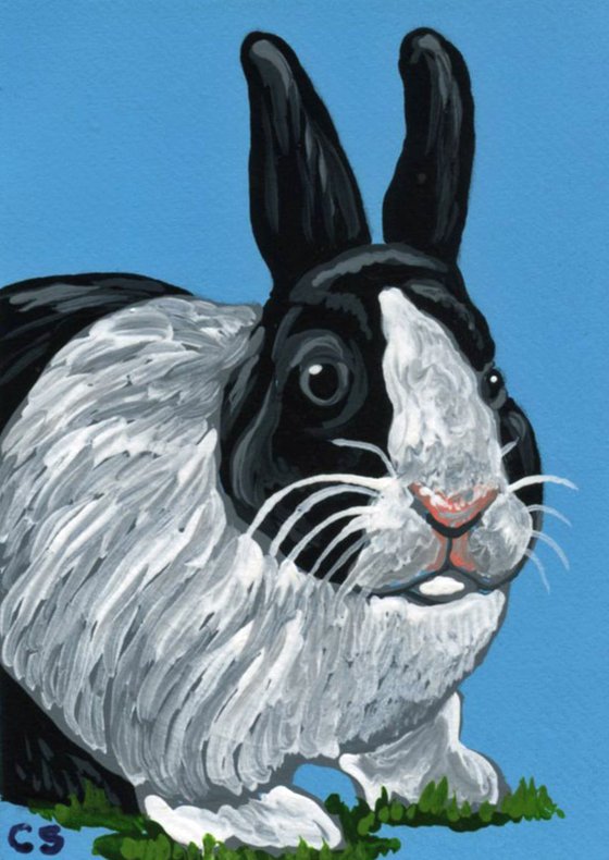 ACEO ATC Original Painting Black White Bunny Rabbit Pet Art-Carla Smale