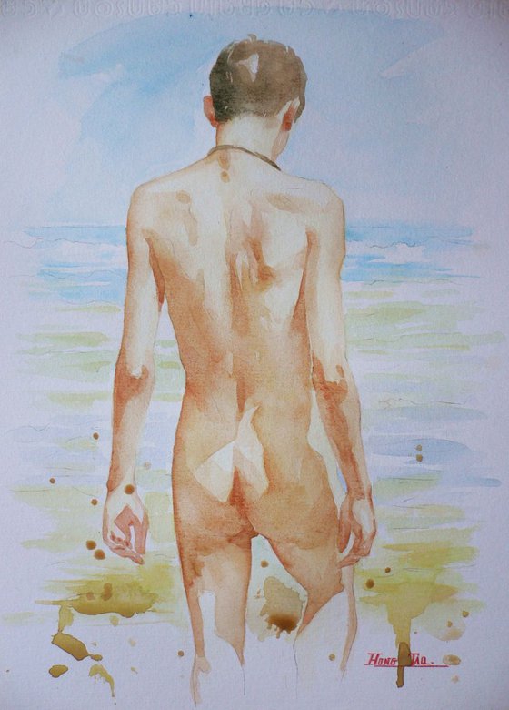 original watercolour painting  artwork boy on paper#16-9-20