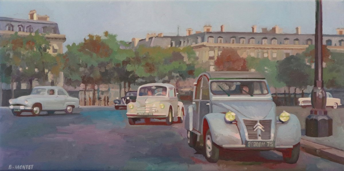 Photorealistic Cityscapes Oil Painting By Benoit Montet, 26 X 14, A Lovely 2Cv , Original Artwork