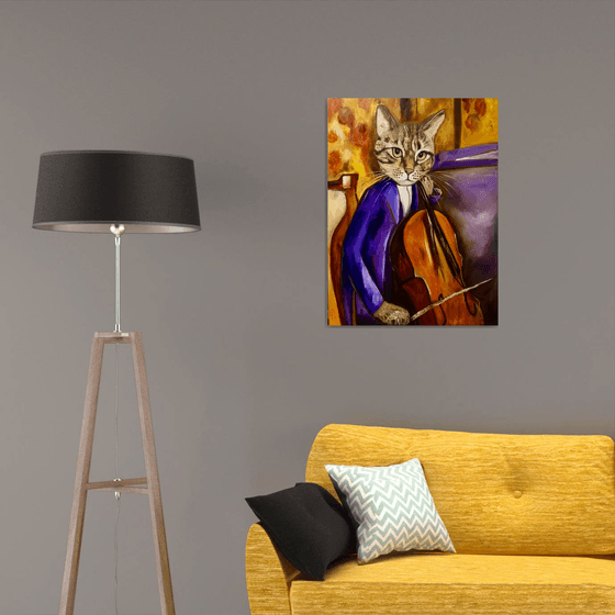 Cat Cellist inspired by Amedeo Modigliani.FELINE ART FOR CAT LOVERS GIFT IDEA