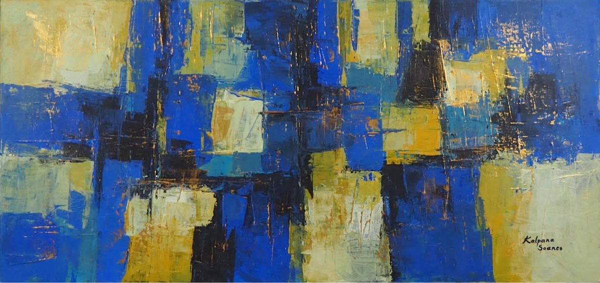 Geometric Abstract Painting By Kalpana Soanes, 41 X 20", Dream Amidst The Rain, Original Artwork