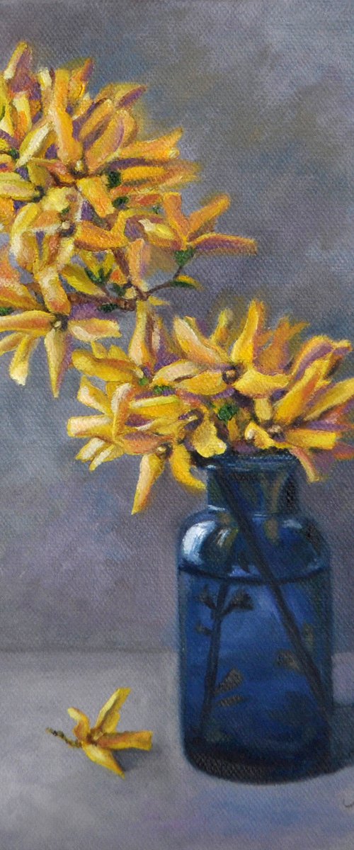 Forsythia in the blue bottle original oil painting by Marina Rogusheva