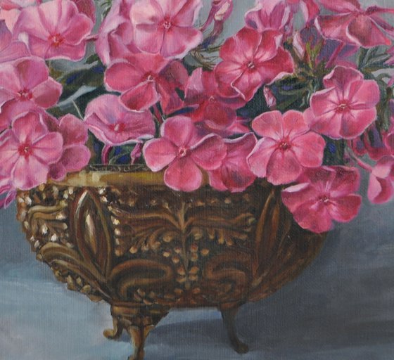 Phloxes in the bronze vase original oil painting