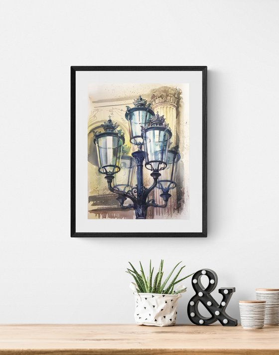 "City lantern". Original watercolor, architectural detail.