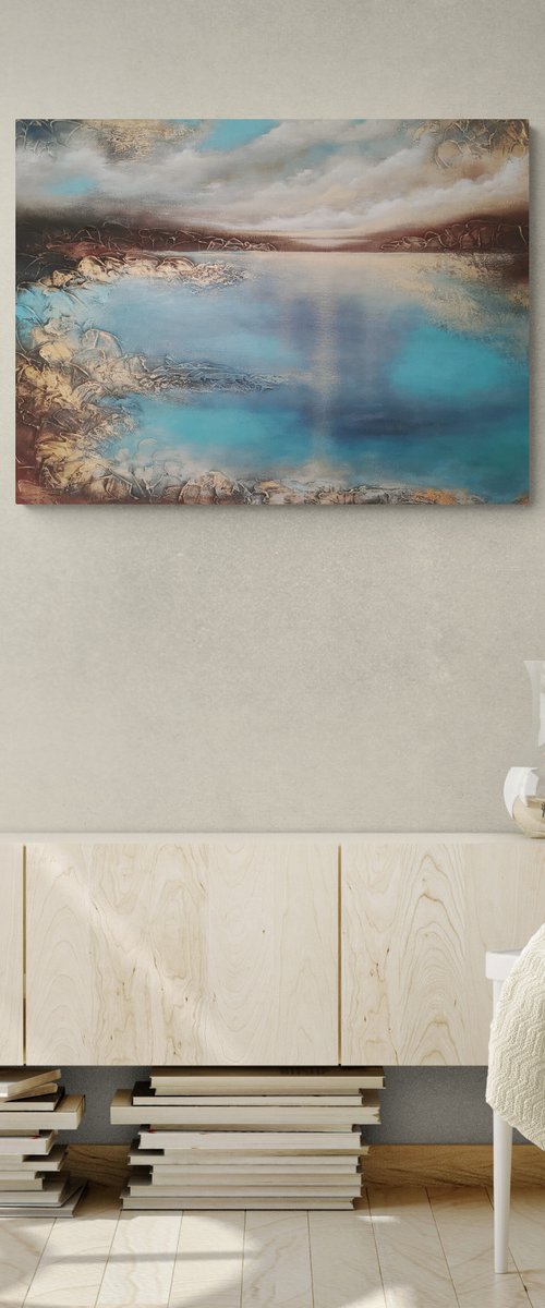 A large semi-abstract beautiful structured mixed media painting of a seascape with the sunrise "A new day" from "Silence" series by Vera Hoi