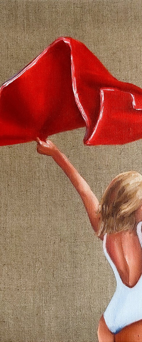 Girl with Red Towel - Woman on Beach Female Figure Painting by Daria Gerasimova