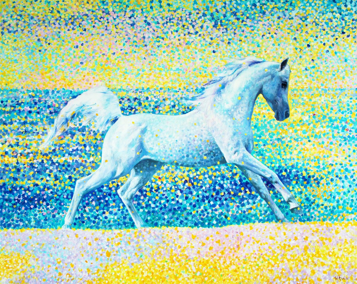 Impressionistic Animal Oil Painting By Andrei Sitsko, 59 X 47, Sun Splashes. Horse Series., Original Artwork