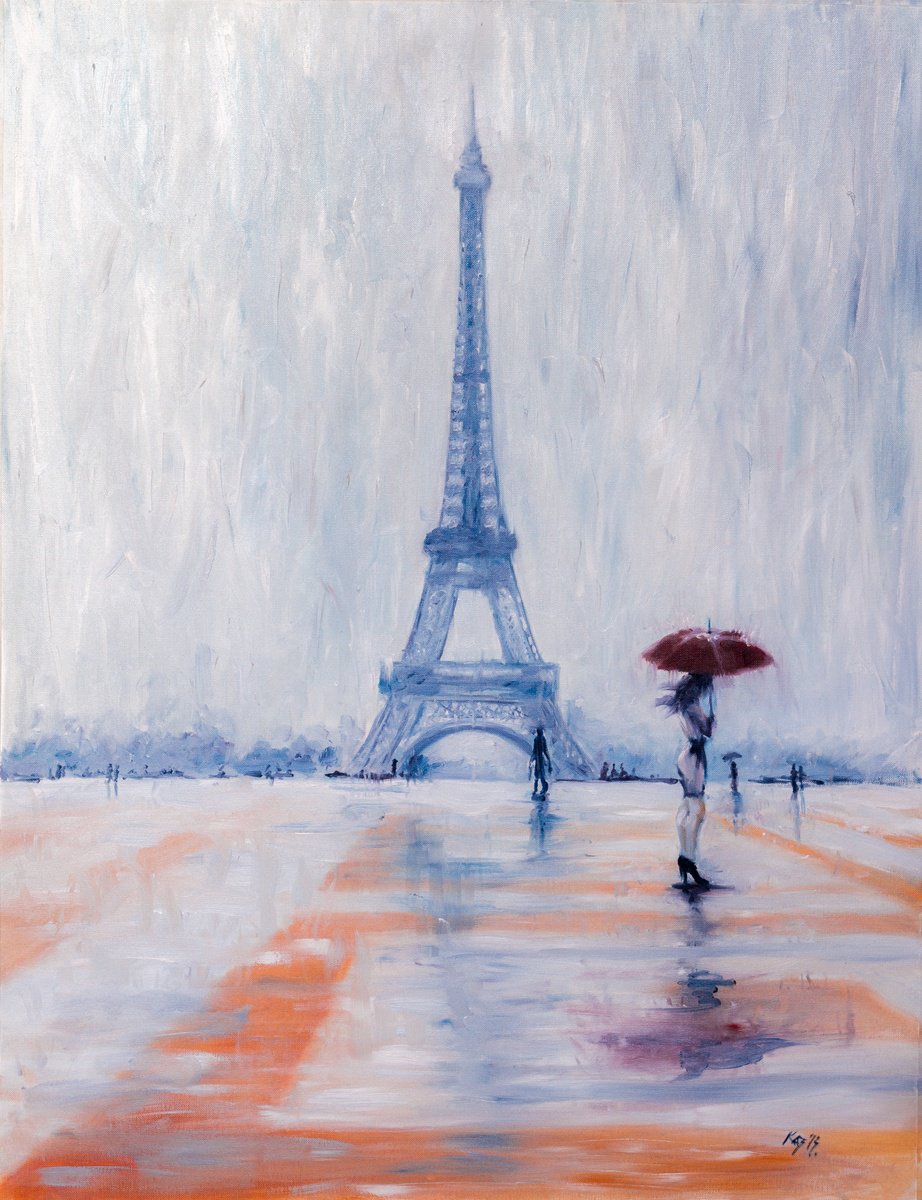 Impressionistic Cityscapes Oil Painting By Kovacs Anna Brigitta, 20 X 26", Rainy Day In Paris, Original Artwork