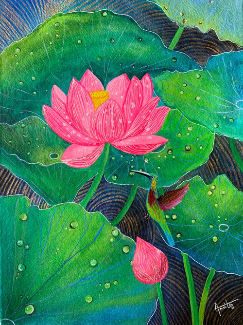 Lotus and Hummingbird ! A3 size Painting on Indian handmade paper by Amita Dand