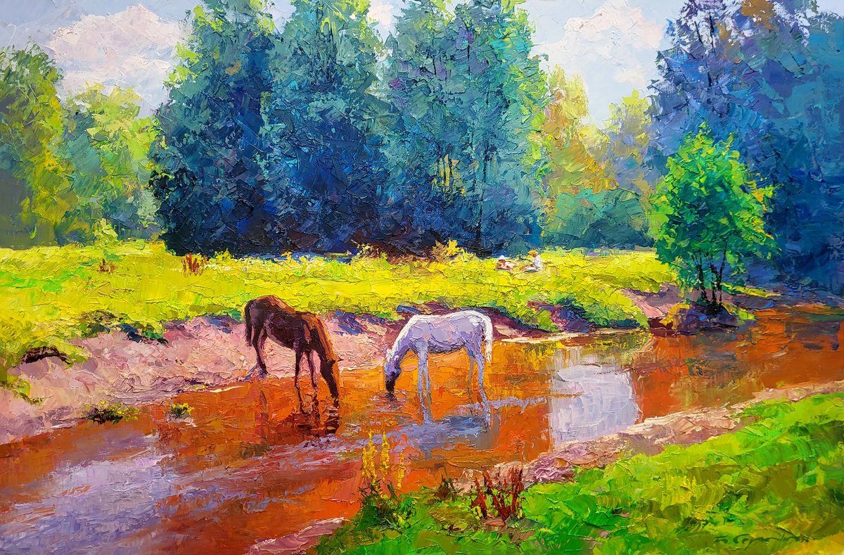 Impressionistic Landscape Oil Painting By Boris Serdyuk, 35 X 24, Summer Afternoon, Original Artwork