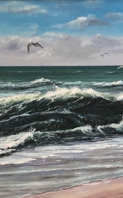 Gulls over waves by Robin Souter
