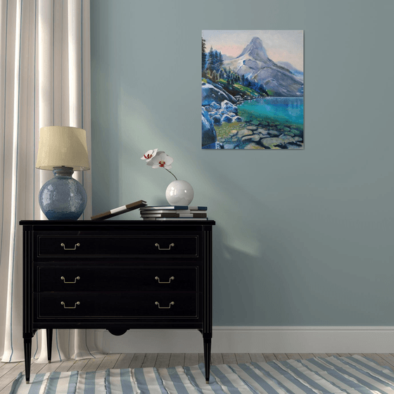 Blue lake - oil painting with mountains and lake