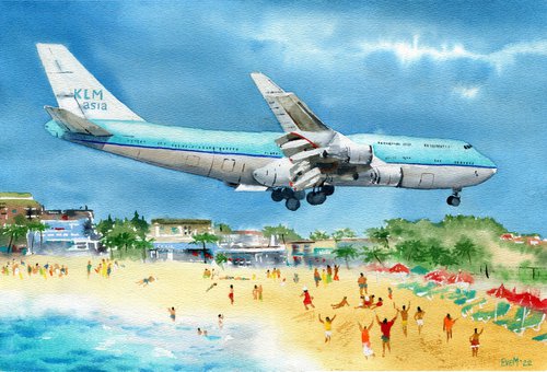 Aircraft landing. Original watercolor artwork. by Evgeniya Mokeeva