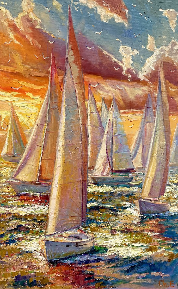 Sailboats By Evgeny Chernyakovsky, 20 X 31, Artwork For Sale On Artfinder