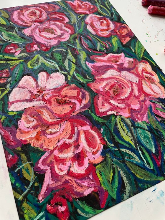 Rose Original Panting, Pink Flowers Oil Pastel Drawing, Gift for Her, Bright Colorful Wall Art