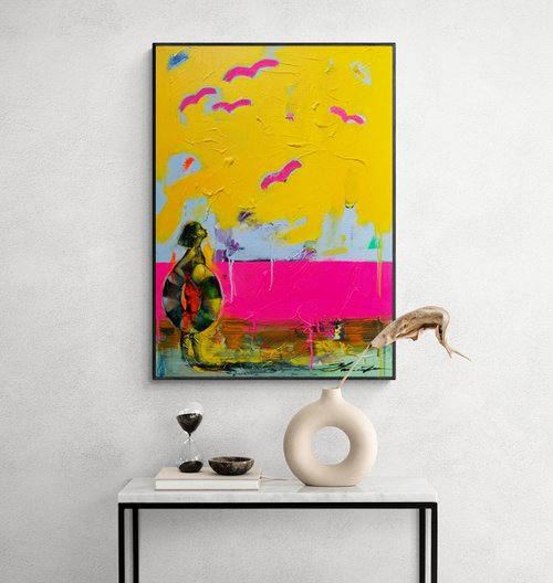 Girl and pink seagulls by Yaroslav Yasenev