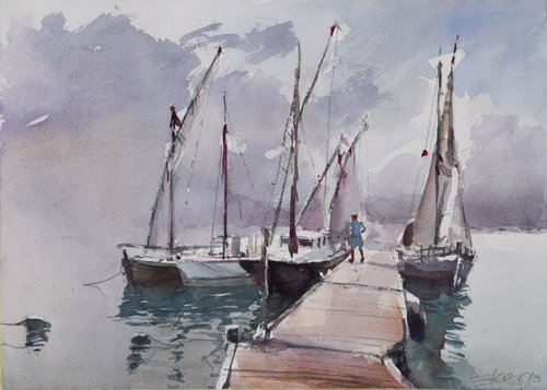 Sailboats on dock 2 by Goran Žigolić Watercolors