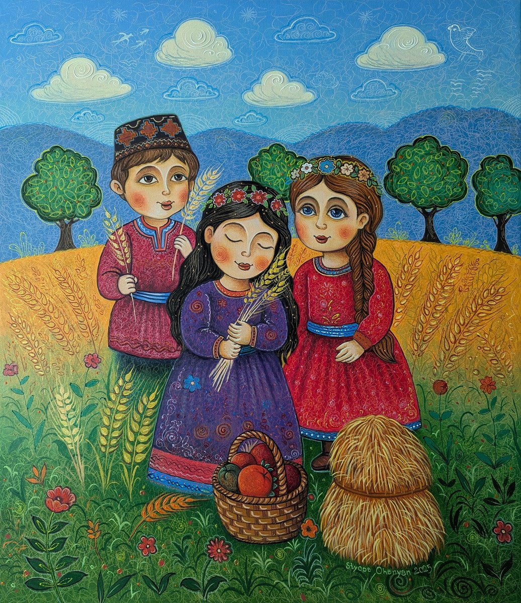 Naive Portrait Oil Painting By Stepan Ohanyan, 24 X 28", Memories Of Summer, Original Artwork