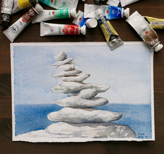 Pyramid of stones. Original watercolor artwork.