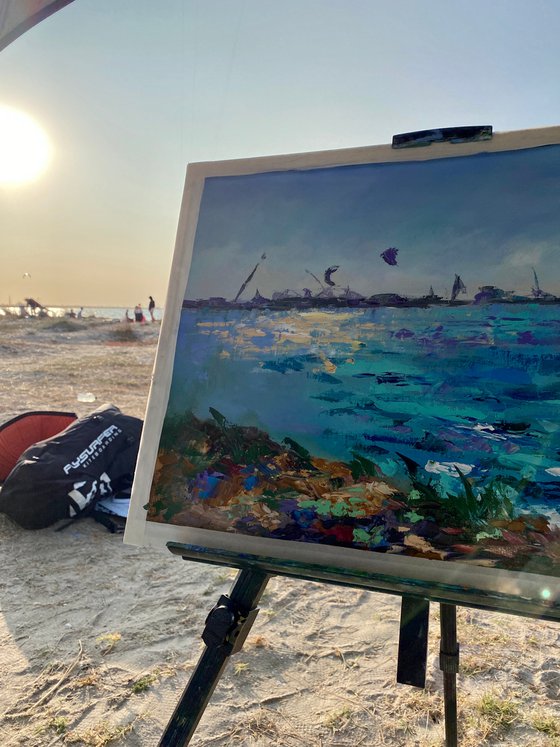 Kitesurfing - Сatch before sunset, 47*37cm, impressionistic oil impasto landscape painting