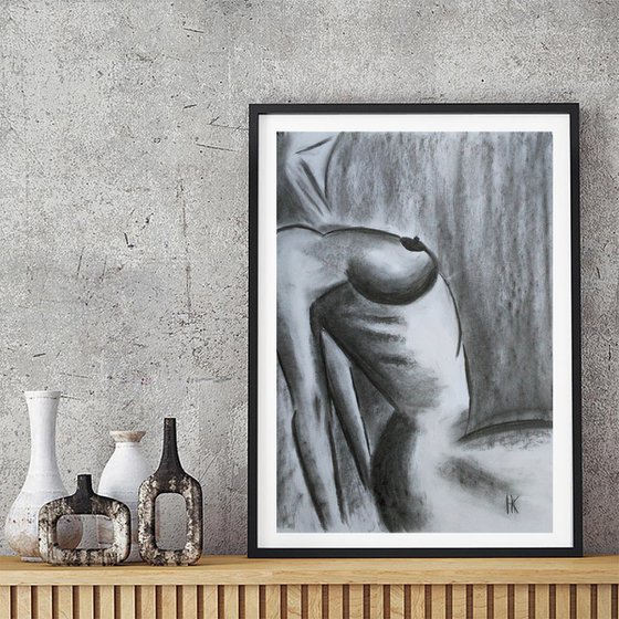 Nude Painting Woman Original Art Female Nude Charcoal Drawing Breast Artwork Home Wall Art 13 by 18" by Halyna Kirichenko