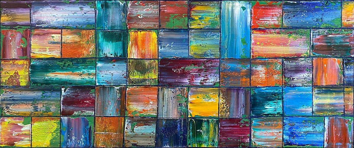 Geometric Abstract Oil Painting By Preston M. Smith (Pms), 48 X 20", "All Squared Away", Original Artwork