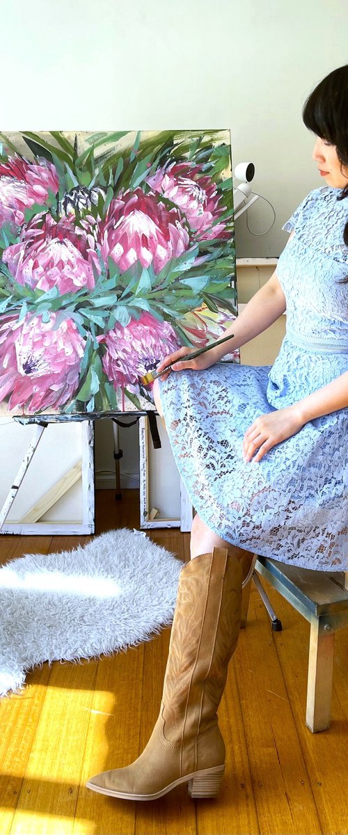 Smiling like a flower towards sunlight - Protea Frosted Fire and Niobe White by HSIN LIN